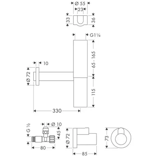 Siphon-Set von AXOR mit verchromter Oberfläche, schmalem Design, mehreren Anschlussmöglichkeiten und verschiedenen Durchmessern für Sanitärinstallationen.